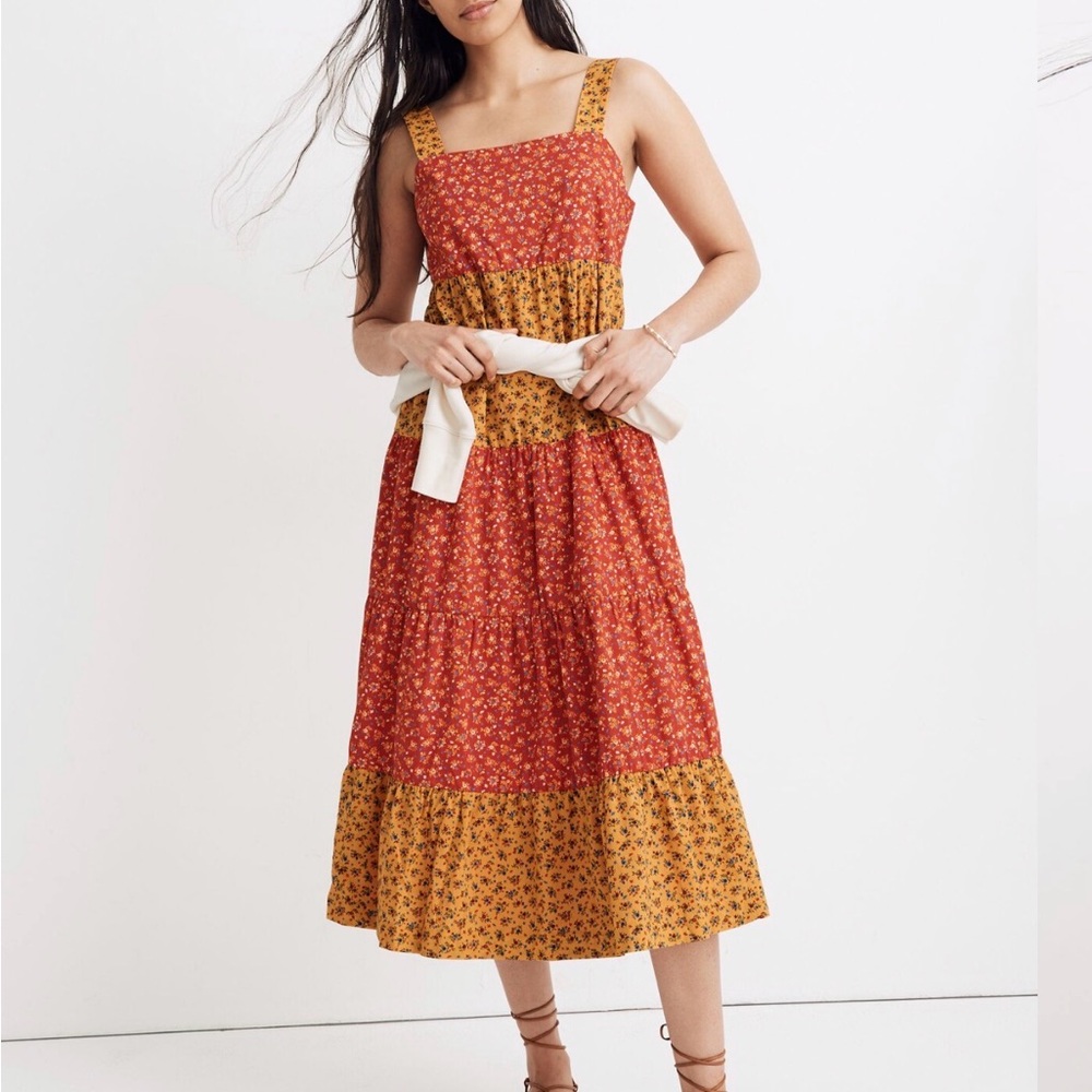 Madewell Button-Back Tiered Midi Dress in Colorblock Calico floral print